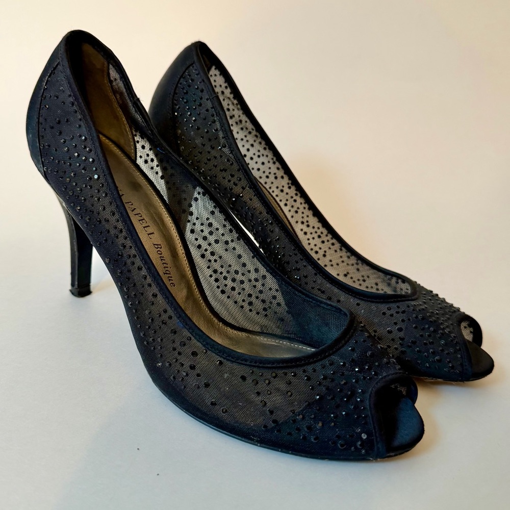 Adrianna Papell Black Mesh Peep-Toe Heels